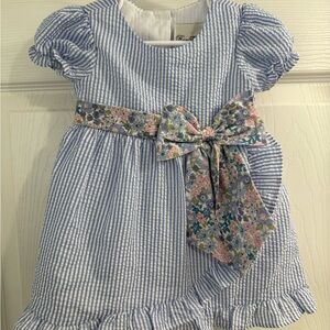 Rare Editions Blue and White Striped Dress with Floral Bow With Bloomers